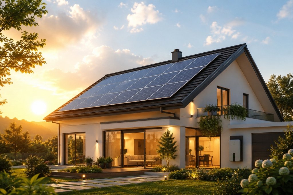 Modern solar-powered eco-villa at sunset